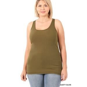 2X Dusty Olive Ribbed Seamless Racerback Tank Top Zenana oversized comfort plus
